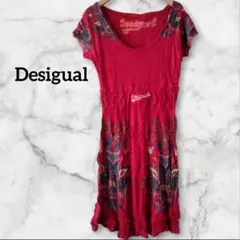 ❤１点物❤ 赤 花柄 半袖ひざ丈ワンピース 裾レース カットソーワンピース