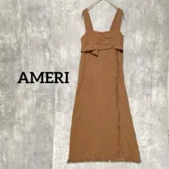 AMERI ブラウン 麻キャミワンピース フリンジデザイン　アジアワンピース