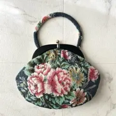 手刺繍✨花柄 総ビーズ ハンドバッグ ヴィンテージ 和装 がま口 オケージョン