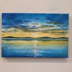 【原画：ハガキサイズ】　夕日輝く湖畔　オイルパステル画 原画：10×10cm】 夕日のきらめき オイルパステル画 キャンバス画