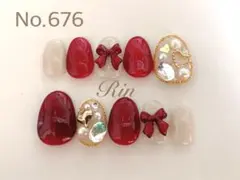 No.676赤リボンネイル☆ショートオーバルネイルチップ
