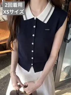 ネイビー ポロカラー ノースリーブ ニット トップス