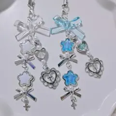 ビーズストラップ2本セット クリア水色 リボン 星 ハート