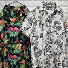 総柄シャツ 2枚セット 半袖 アロハ スポンジボブ ミッキー 夏 古着 MとXL