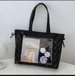 痛バッグ 黒 リボン 大容量　推し活 編み上げ A4 トートバック 推しバッグ