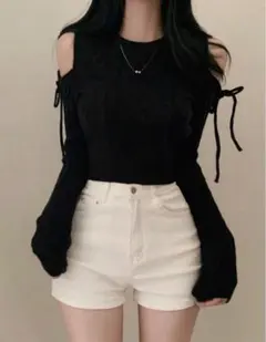shein オープンショルダー ケーブルニット ブラック