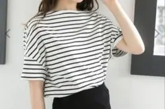 ★美品★ ナノユニバース　ボーダーワイドドロップトップス　Tシャツ　白黒ボーダーのサムネイル