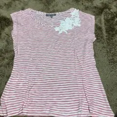 LAURA ASHLEY ストライプ刺繍半袖Tシャツ USA8