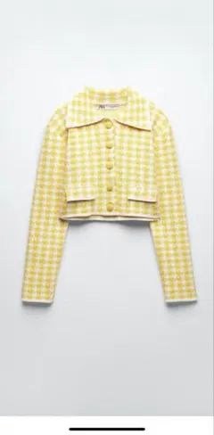 ZARA イエローとホワイトのチェック柄ニットジャケット