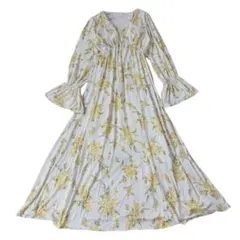 ジェラートピケ ミモザ柄 ロングスリーブワンピース ドレス 花柄 フレアスリーブ