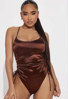 Fashion Nova❤︎茶サテン 両サイド紐ギャザーワンピースTバック水着のサムネイル