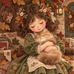 1116　猫柄　パネル生地　少女とこねこの優しい時間　いのみパネル生地