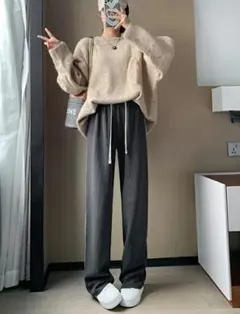 ワイドパンツ カジュアル ジャージーストレートパンツ ロングパンツ ダークグレー