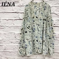 イエナ 花柄長袖ブラウス キーネック 袖口スリット クリーム×ブルー