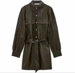 ZARA ザラ　ダークグリーン レザーシャツドレス　ベルト付き　サイズS