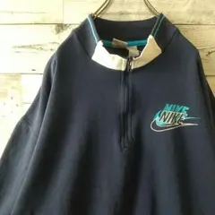 希少ロゴ☆90s ナイキ ２連 刺繍ロゴ ハーフジップ スウェット 短丈 XL