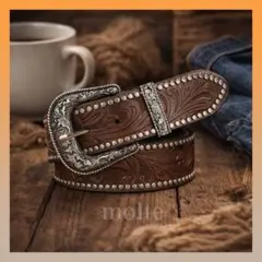 メンズ スタッズ ウエスタンベルト 彫刻バックル ダークブラウン ヴィンテージ