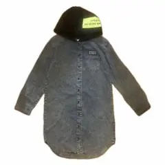 キッズ、ワンピース、デニム風、フード付き、ボタン