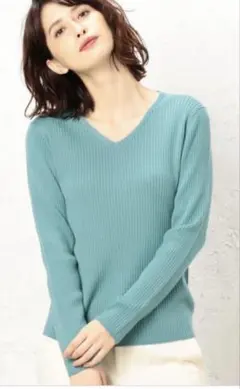 グリーンレーベルリラクシングターコイズリブ編み長袖Vネックセーターウール100%