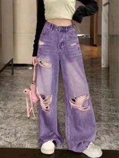 パープル ワイドレッグデニムパンツ