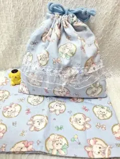 給食袋 +ランチョンマット☆水色 うさぎ柄