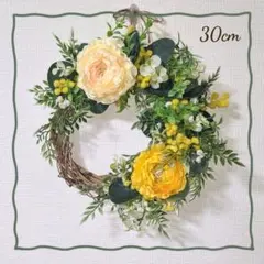 ラナンキュラスとグリーンのリース　造花　ナチュラル　イエロー　ユーカリ　ミモザ