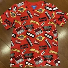 adidas ロゴプリント Tシャツ レッド　総柄