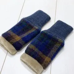 手袋 チェック柄 指無し 青 ブルー 美品