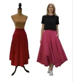 赤 フレア ロングスカート ウエスト伸縮性あり　アシンメトリー　裏地つき