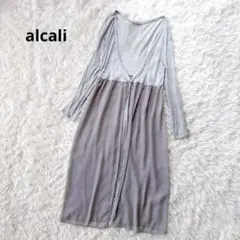 アルカリ ロングカーディガン ワンピース風 グレー 異素材切替 シフォン 透けのサムネイル