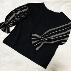 カットソー 黒 M L ストライプ 異素材 フレア袖 長袖 切り替え カジュアル