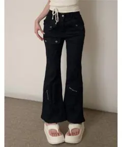 ブラックフレアパンツ 多ポケットデザイン　韓国　y2k ストリート