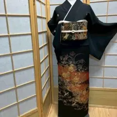 ［7110］黒留袖 王朝の華 駒刺繍 比翼付 五つ紋 違い鷹の羽 正絹 着物 袷 ren-kts0085_1.jpg
