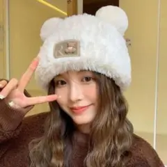 クマ耳付きフワフワニット帽 ホワイト 子供用 ふっくら フリース あったか