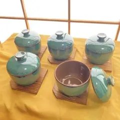 未使用 茶碗蒸し碗 5客セット 木製茶托付き 蓋付き 和食器 来客用　小鉢のサムネイル