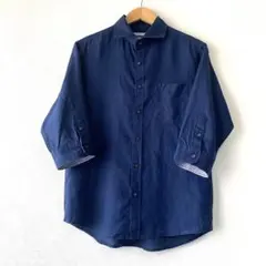 フレンチ リネン 麻100 シャツ 7分袖 ネイビー 光沢 リネン Mのサムネイル