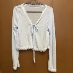 SHEIN ボレロ カーディガン ライトブルー ストライプ柄 レース付き