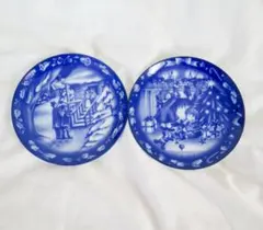 クリスマス青い陶器プレート2枚セット