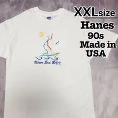 USA製　90s　Hanes　Tシャツ　XXL　ホワイト　刺繍　シングルステッチ