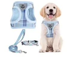 新品未使用 水色 チェック柄 ハーネスリードセット　Sサイズ(実寸確認ください)