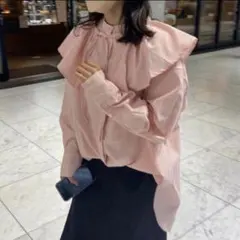 mystic（ミスティック）ピンク ストライプ フリル襟 長袖シャツ