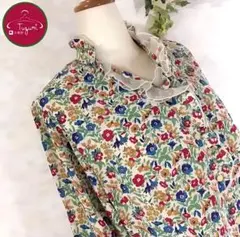 日本製 レトロ ブラウス ノーカラー 花柄 レース フリル シースルー 古着
