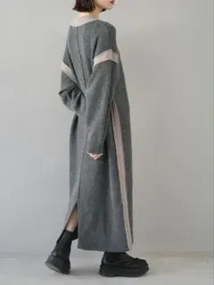 lumier バイカラーニットワンピース/チャコール 未使用