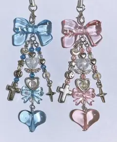 ビーズキーホルダー ビーズストラップ y2k コレクトブックチャームブルーピンク