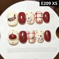 現品ネイルチップ　ベリーショート　ぷっくりアートワンちゃんりんごチェック柄ドット