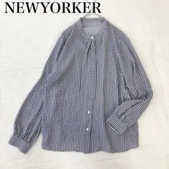 【美品】ニューヨーカー ボウタイブラウス 長袖ブラウス ドット ネイビー 2XL