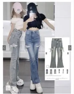 GRL サイドカットアウトレースリボンフレアデニムパンツ［kz742］のサムネイル