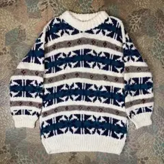 80s/REY WEAR/エクアドル ロールネック 総柄編みウールセーター/XL