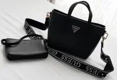 【美品】GUESS 2WAY ハンドバッグ＆ポーチセット ブラックゴールド今月迄