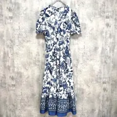 【SHEIN】花柄ロングワンピース フレア 総柄 ブルー Ｖネック Lサイズ